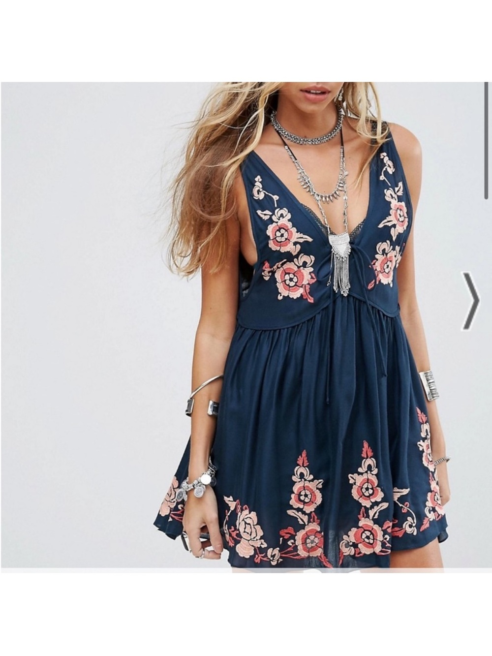 Free People Intimately Aida slip dress Vneck navy pink floral embroidered Small